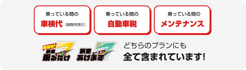 乗っている間の車検代・乗っている間の自動車税・乗っている間のメンテナンスは「新車乗るだけ7」「新車あげます7」どちらのプランにも全て含まれています!